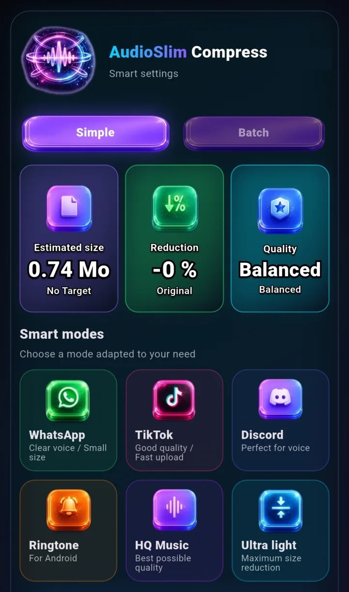Interface des réglages de compression intelligente d'AudioSlim