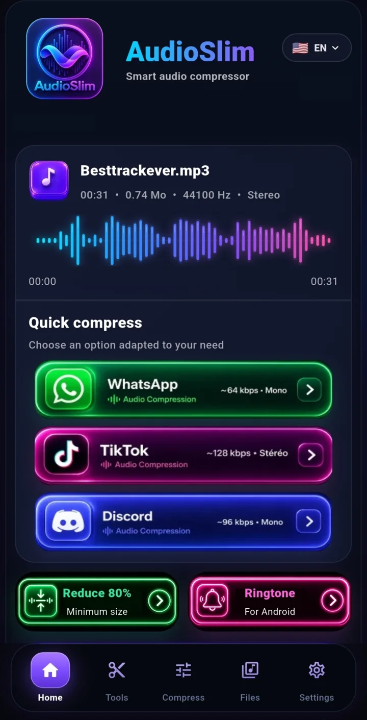 Écran d'accueil d'AudioSlim montrant l'aperçu de la forme d'onde et les préréglages de compression rapide