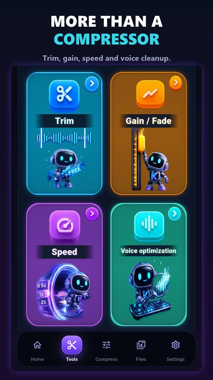 AudioSlim trim, gain, speed, and voice optimization tools
