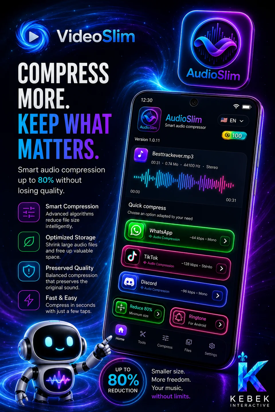 Illustration promotionnelle de VideoSlim et AudioSlim montrant une interface de compression audio néon