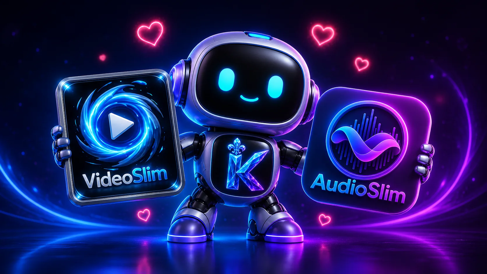 Logos de AudioSlim y VideoSlim con un visual de las aplicaciones de compresión de Kebek Interactive