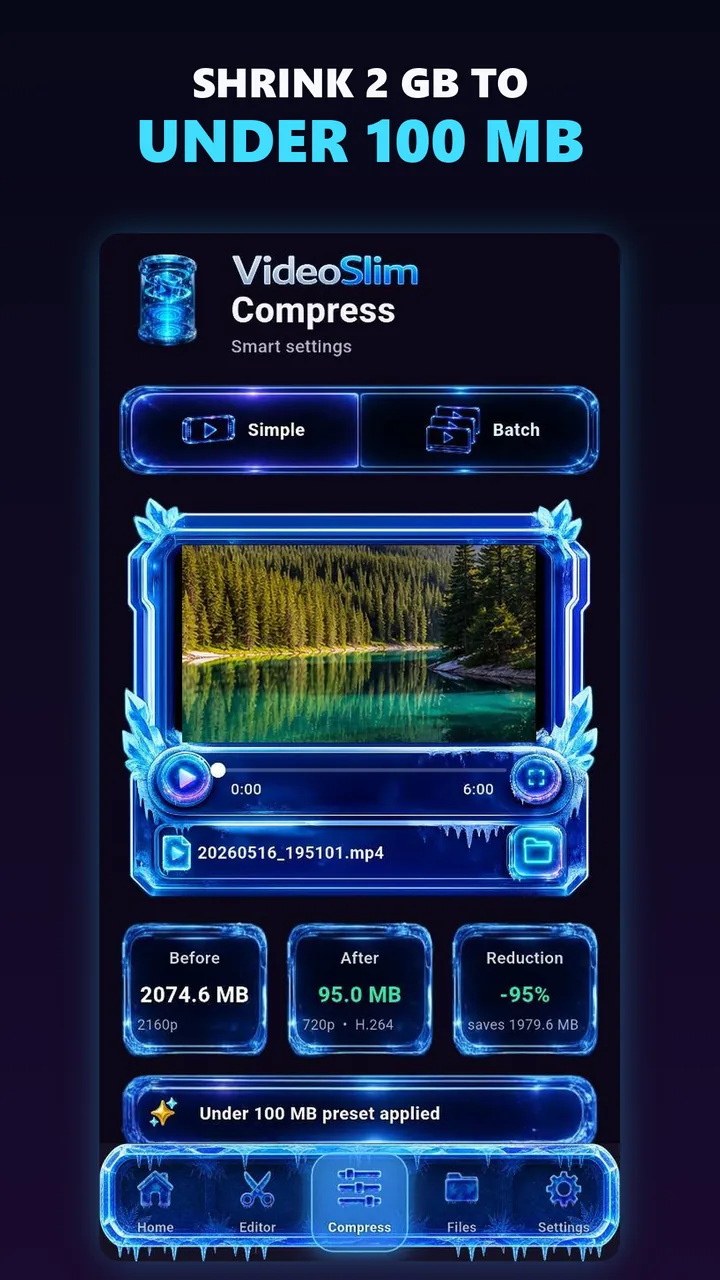 VideoSlim compression screen shrinking a 2 GB video to under 100 MB