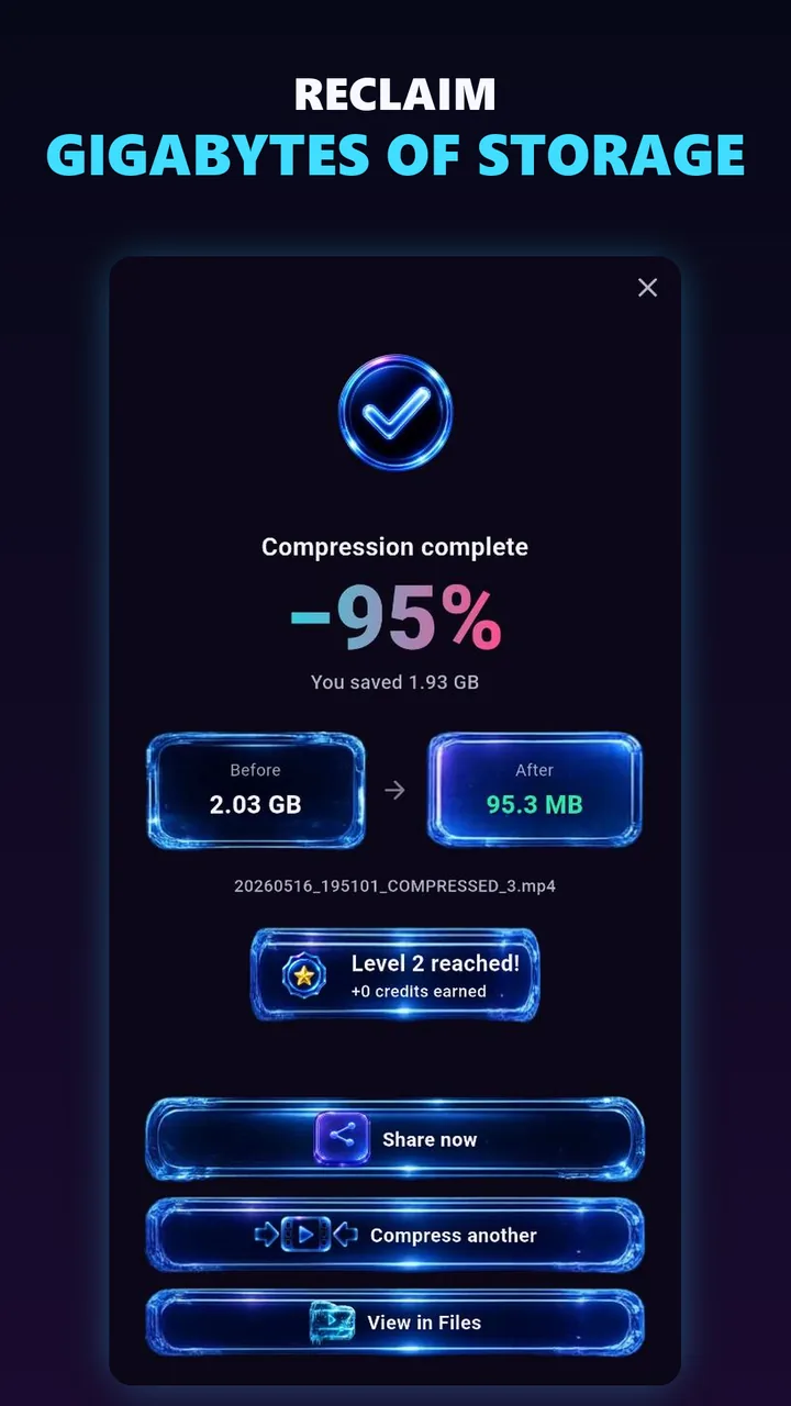 VideoSlim showing gigabytes of storage reclaimed after compression