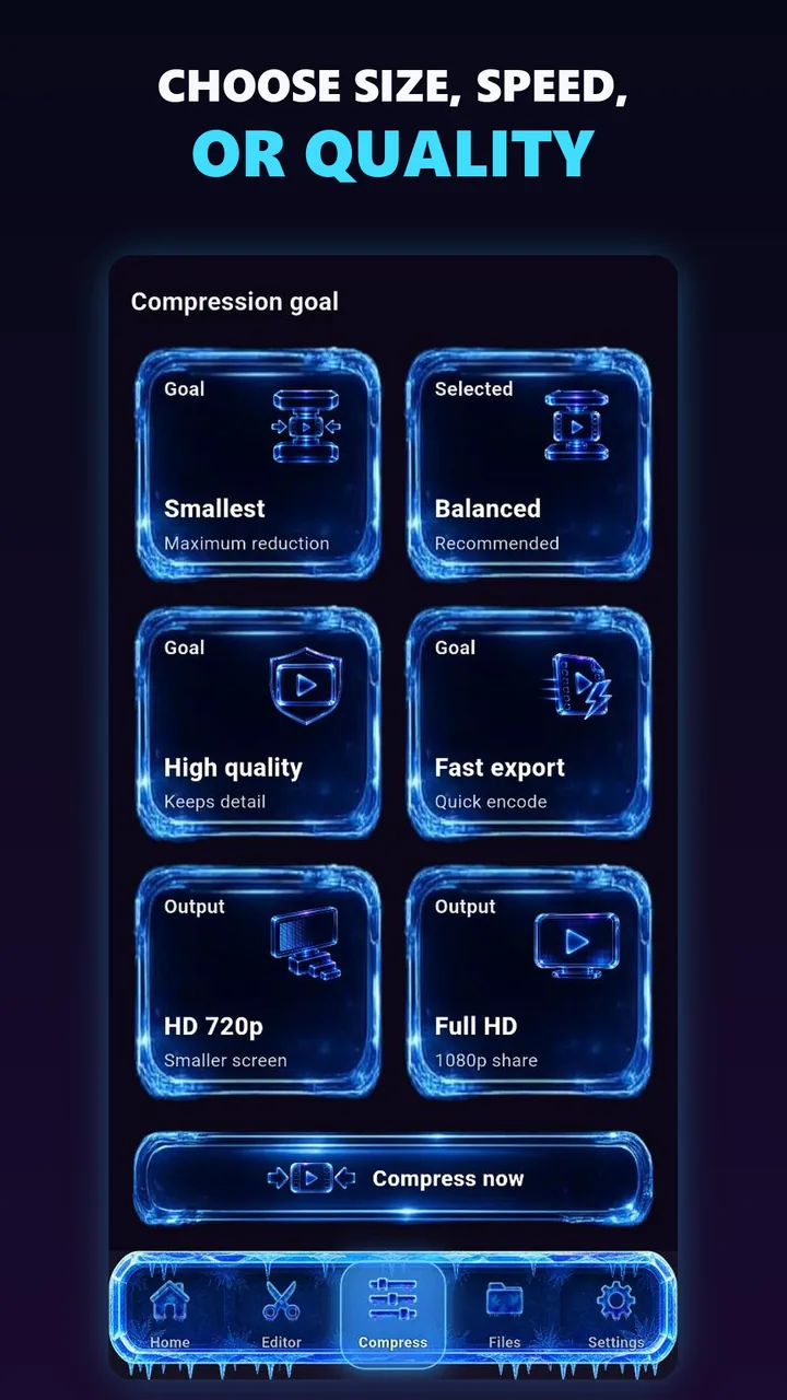 VideoSlim presets for size, speed, or quality