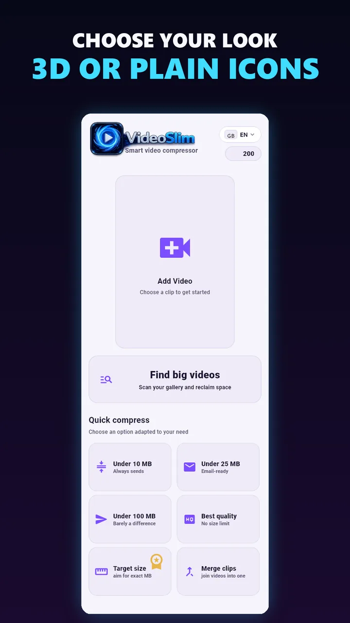 VideoSlim offering a 3D or plain icon look