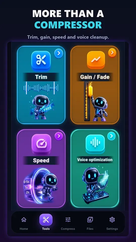 The AudioSlim tools screen: Trim, Gain and Fade, Speed, and Voice optimization