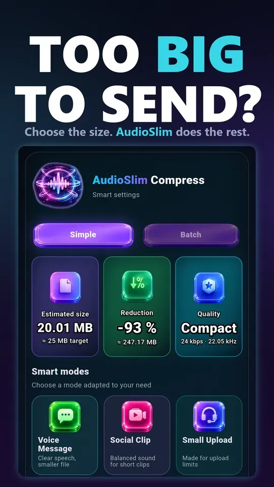 AudioSlim compress screen on Android: a 25 MB target giving an estimated 20.01 MB output, 93% reduction, with Voice Message, Social Clip and Small Upload modes