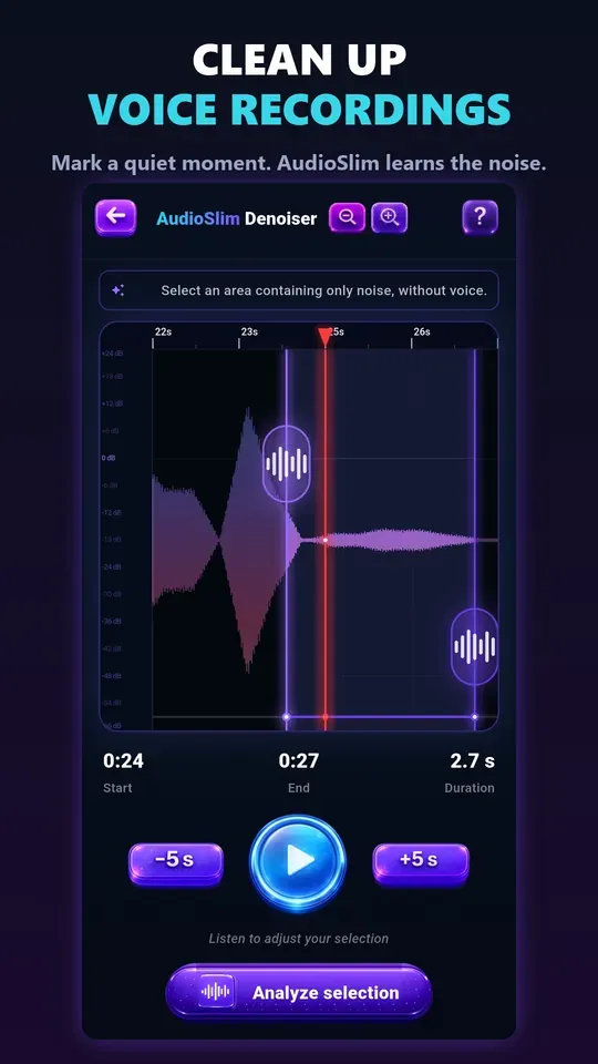 The AudioSlim denoiser: selecting a noise-only region of a voice recording so the app can learn the noise profile and remove it