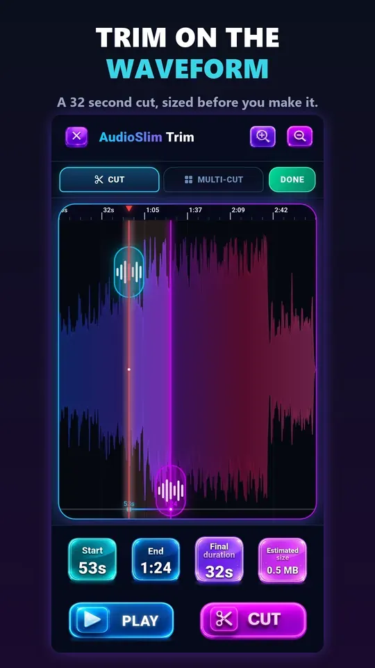 Trimming audio on the waveform in AudioSlim: a 32 second cut showing start, end, final duration and estimated size before cutting